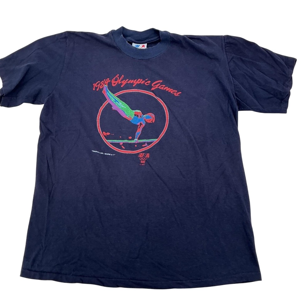 1984 Olympic Games Gymnastics Vintage 80s Levi's T-Shirt Mens XL Navy USA Made